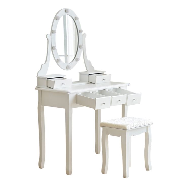 Dressing Table with LED Mirror, Power Outlet, Drawers & Cushioned Stool Dressing Table with LED Mirror, Power Outlet, Drawers & Cushioned Stool