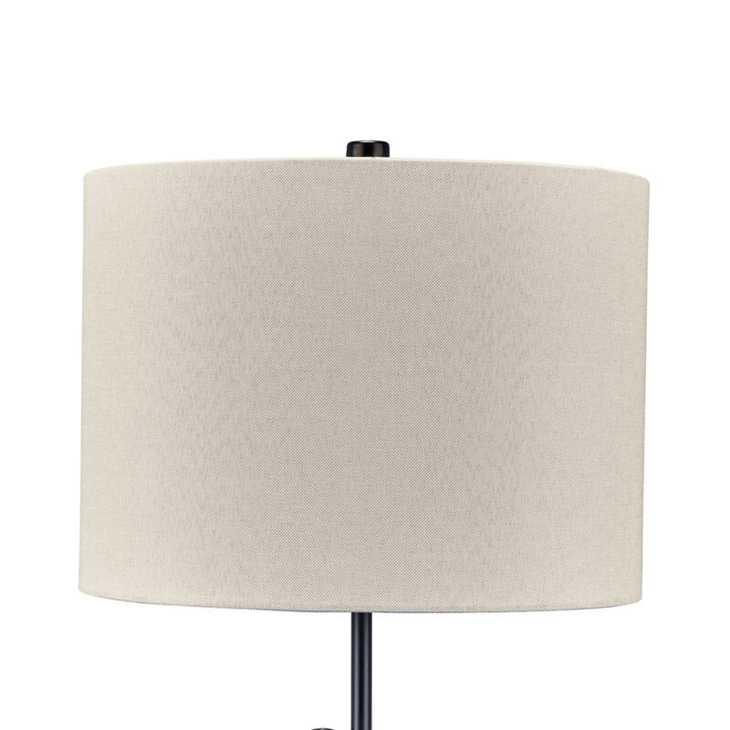 Mney Table Lamp, Adjustable Arm, White Drum Shade, 28 Inch Black Metal - Benzara