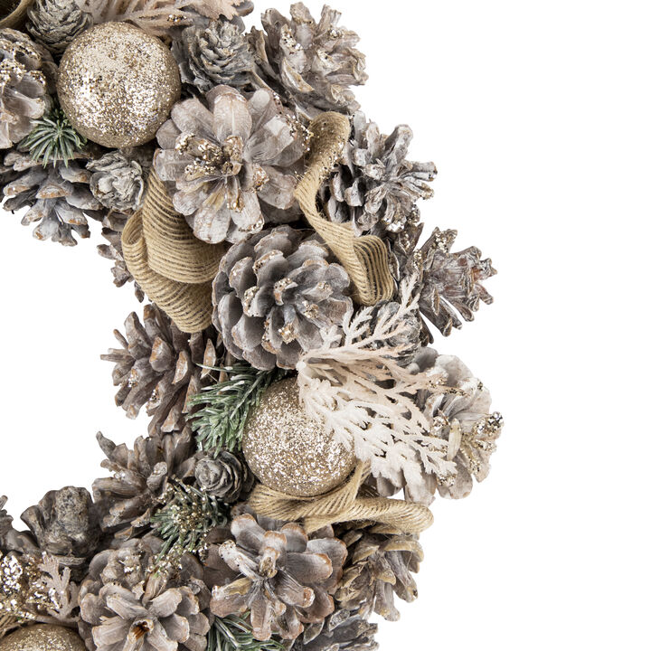 Green Pine and Burlap Bows Artificial Glitter Christmas Wreath  13.75-Inch  Unlit