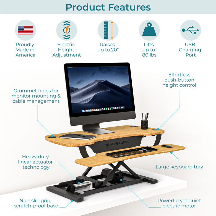 VersaDesk PowerPro® 36"W Electric Adjustable Standing Desk Converter, Black-Bamboo
