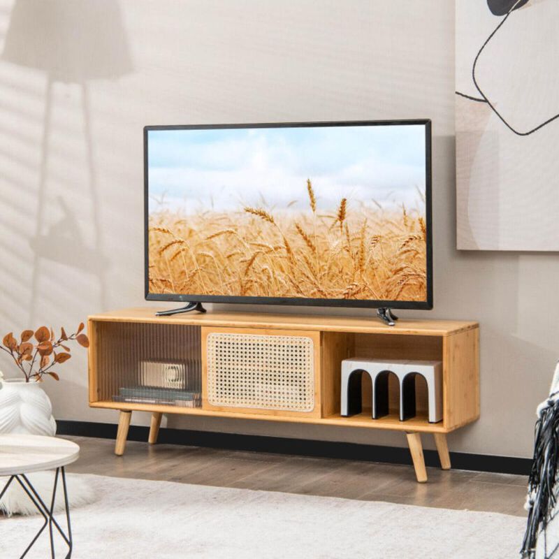 Hivvago Modern TV Stand with Rattan Glass Sliding Doors]