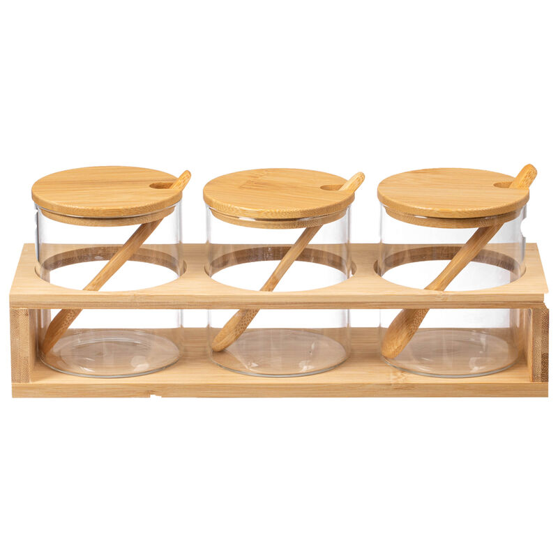 Basicwise 3-Piece Glass Containers with Bamboo Lids and Tray Holder – Decorative Storage for Condiment Pots and Spice Jars - Coffee Station Accessories, Perfect Organizer for Home Kitchen or Café