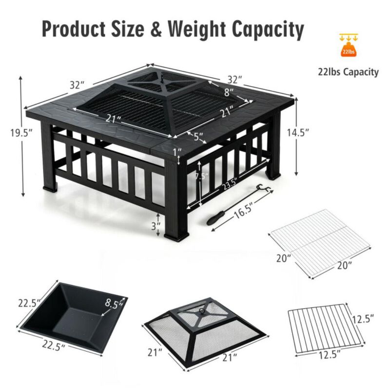 Hivvago 32 Inch 3 in 1 Outdoor Square Fire Pit Table with BBQ Grill and Rain Cover for Camping