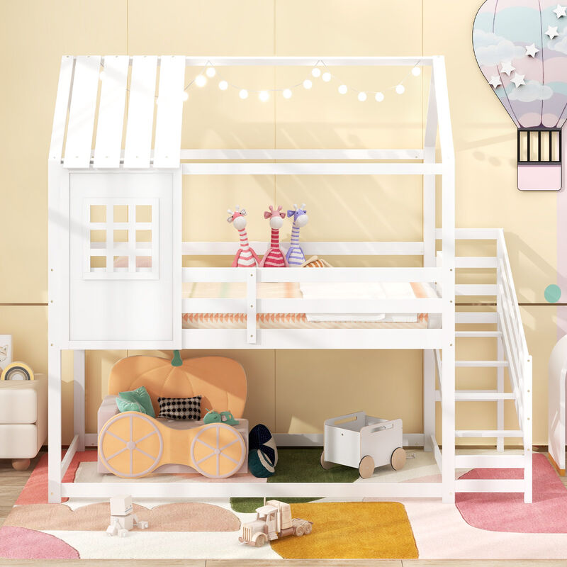Twin House Bed with Stairs and Roof for Kids