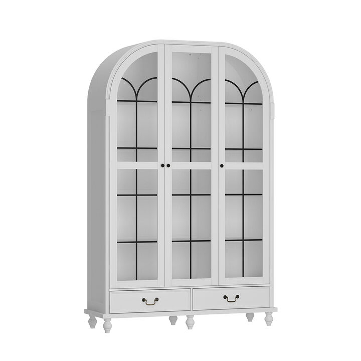 FUFU&GAGA Modern White Cabinet with Glass Doors, 2 Drawers & 8 Shelves, Elegant Storage for Dining Room, Living Room, or Kitchen (77.2"H x 50.4"W x 15.7"D),White