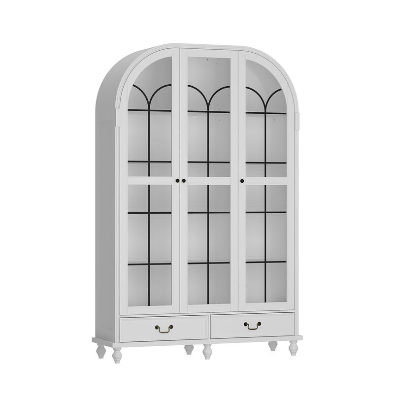 FUFU&GAGA Modern White Cabinet with Glass Doors, 2 Drawers & 8 Shelves, Elegant Storage for Dining Room, Living Room, or Kitchen (77.2"H x 50.4"W x 15.7"D),White