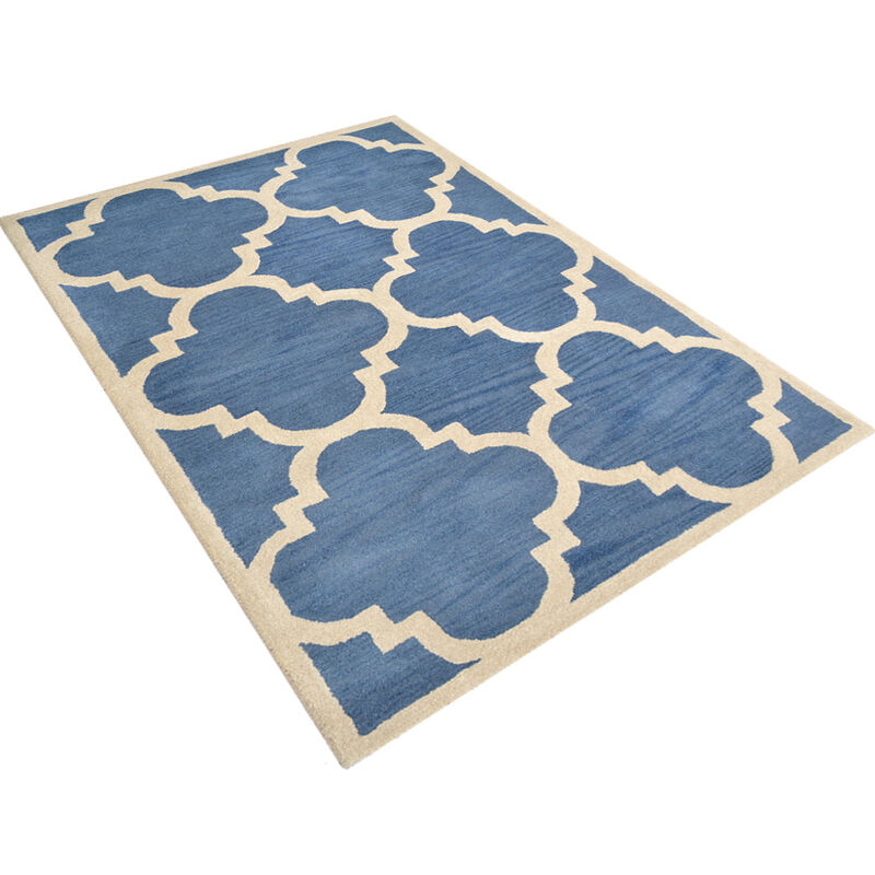 RUGSOTIC CARPETS HAND TUFTED WOOL ECO-FRIENDLY AREA RUGS - 5'x8', Rectangle Shape, Blue & Beige, Geometric Modern Design, High Pile Handmade Anti Skid Area Rugs for Living Room, Bed Room (K00231)