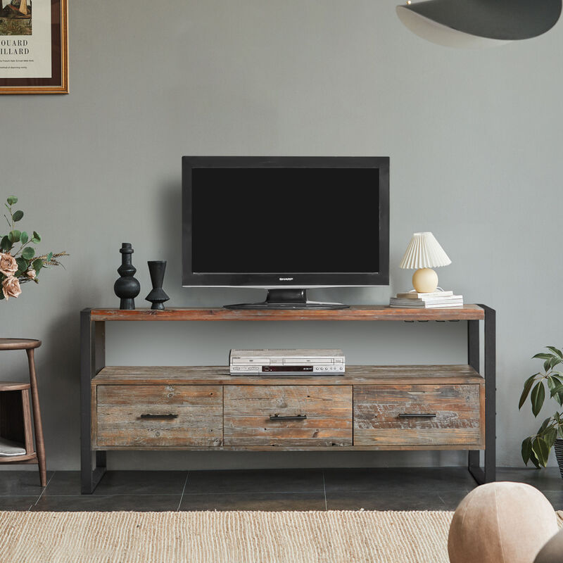 60 Inch Reclaimed Wood Media TV Console Table With 3 Drawer, Open Shelf