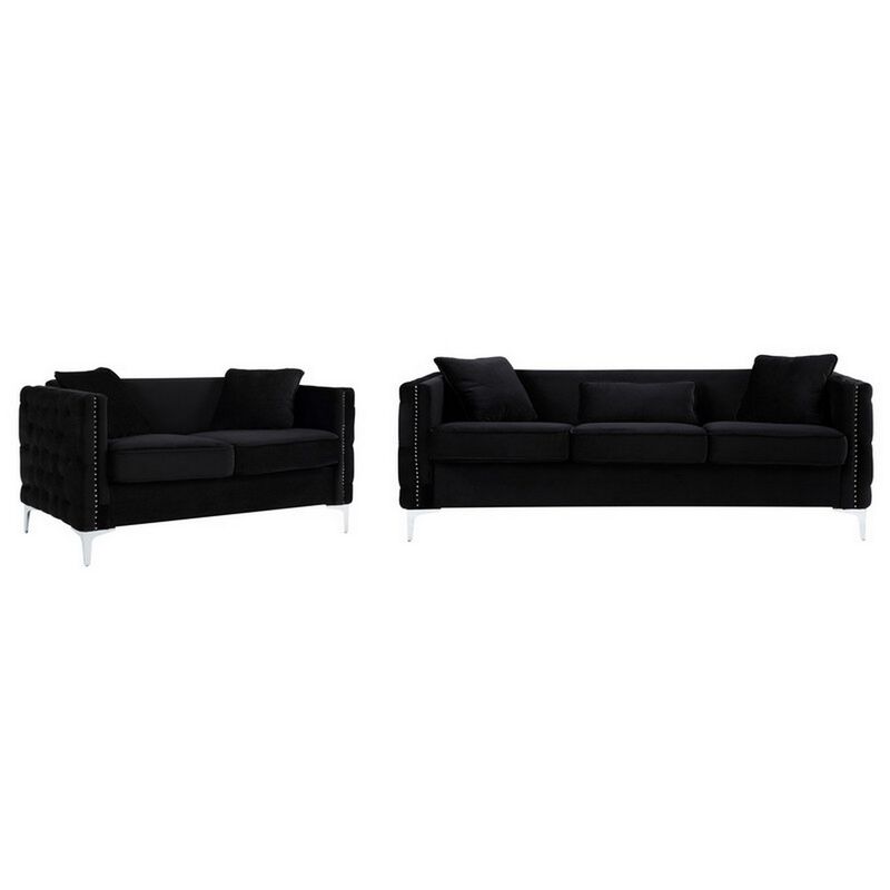Zion 2 Piece Sofa and Loveseat Set, Deep Button Tufted, Jet Black Velvet-Benzara