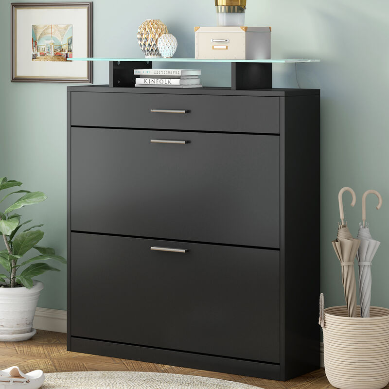 Merax Tempered Glass Top Shoe Storage Cabinet with Drawer