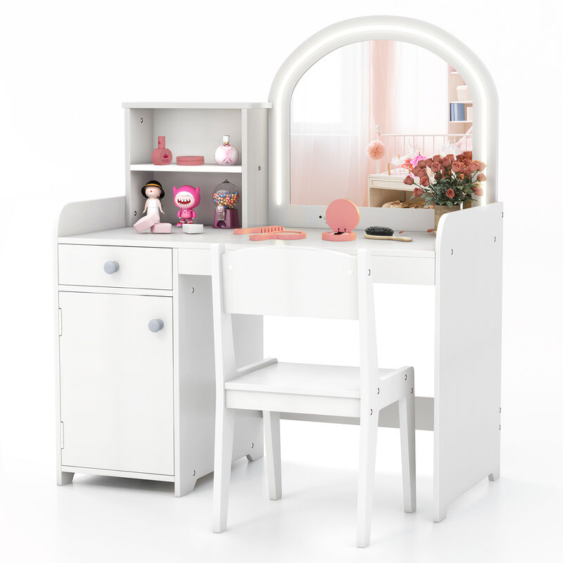 Kids Vanity Table and Chair Set with Shelves Drawer and Cabinet-White