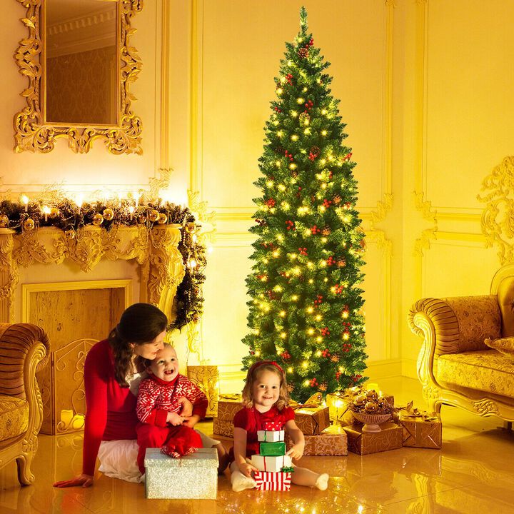 Pre-lit Hinged Pencil Christmas Tree for Slim, Space-Saving Holiday Decor with Convenient Setup