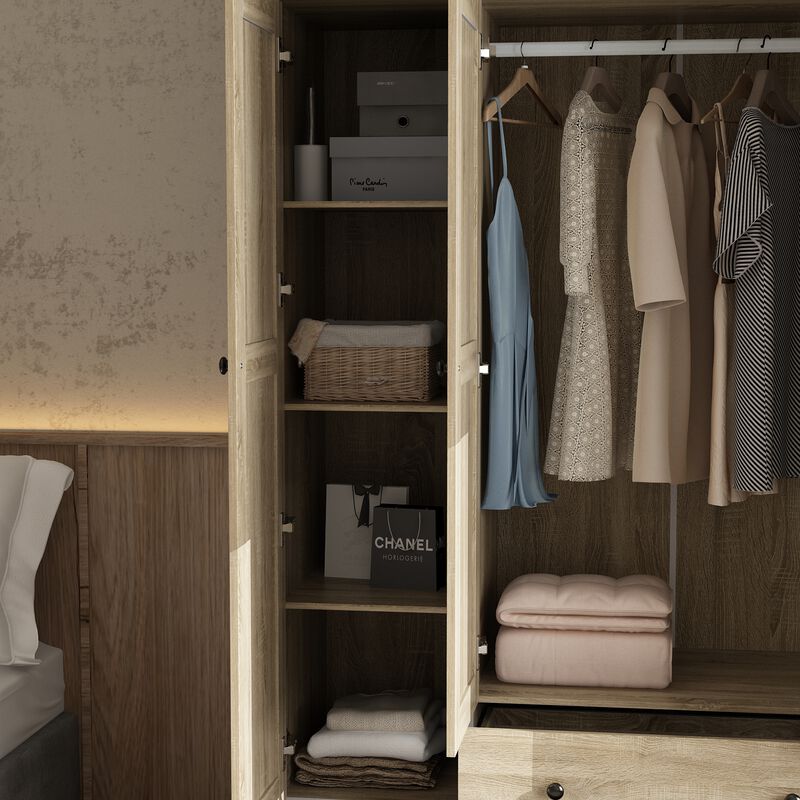 FUFU&GAGA Wood Grain Rattan Doors Design Armoires Wardrobe with 4-Drawers, 2-Hanging Rods  (59.1" W x 19" D x 94.5" H),Brown