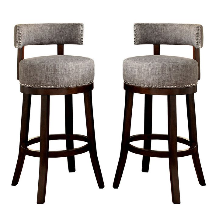 Swivel Barstool with Curved Open Low Back, Set of 2, Gray and Brown-Benzara Swivel Barstool with Curved Open Low Back, Set of 2, Gray and Brown-Benzara