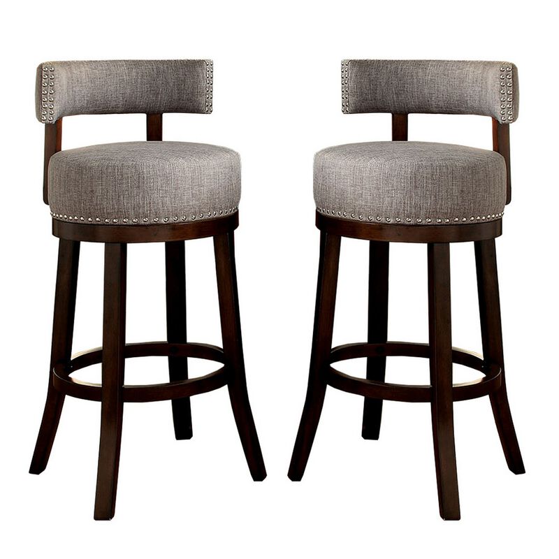 Swivel Barstool with Curved Open Low Back, Set of 2, Gray and Brown-Benzara