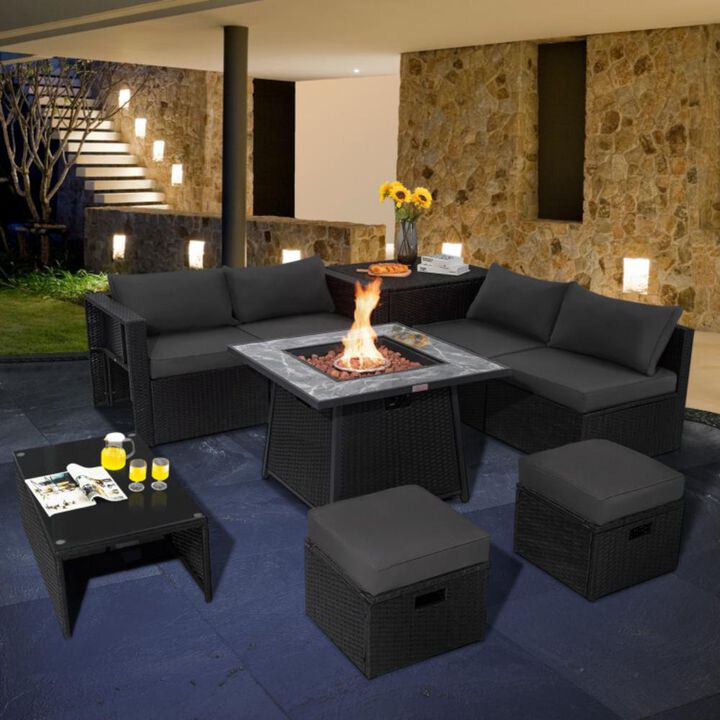 Hivvago 9 Pieces Outdoor Wicker Sectional with 35 Inch Gas Fire Pit Table