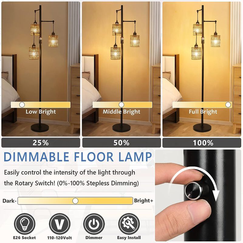 Farmhouse floor lamp comes with 3 hand-woven rattan lampshades for Living Room Bedroom Office