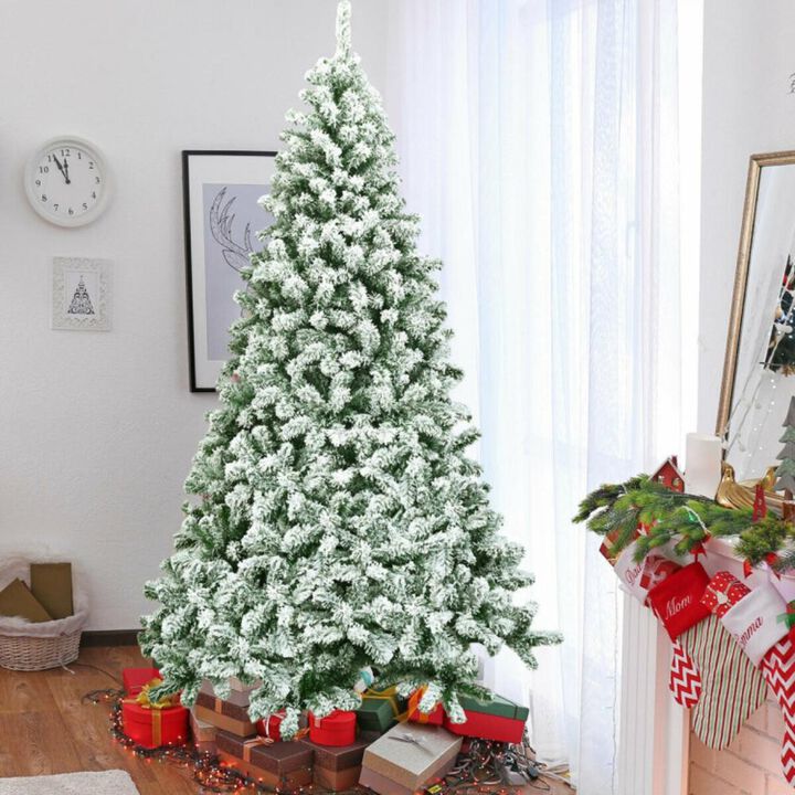 Hivvago 7.5 Feet Snow Flocked Artificial Christmas Tree Hinged with 1346 Tip and Foldable Base