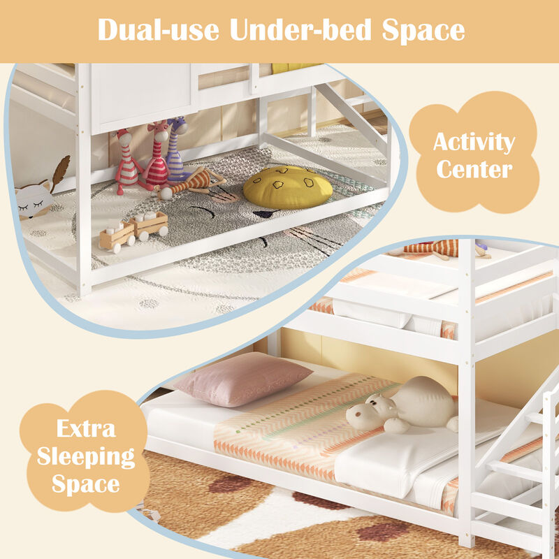 Twin House Bed with Stairs and Roof for Kids