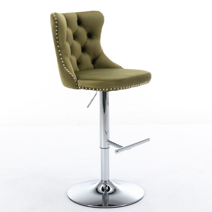 Swivel Velvet Barstools, Adjustable Height, Set of 2, Olive Green