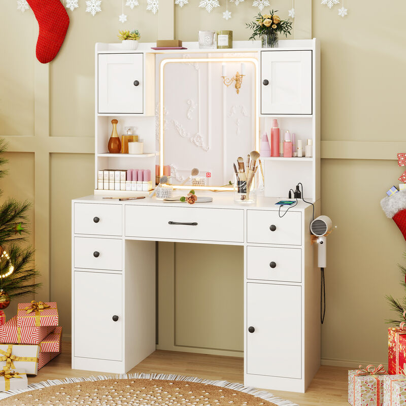 Makeup Vanity Desk with Lighted Mirror and Charging Station