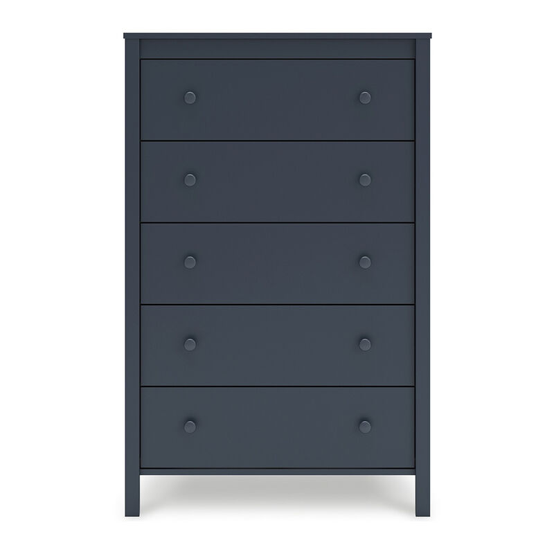 Cian Tall Dresser Chest, 5 Drawers, Knobs, Navy Blue Wood, 50 Inch - Benzara