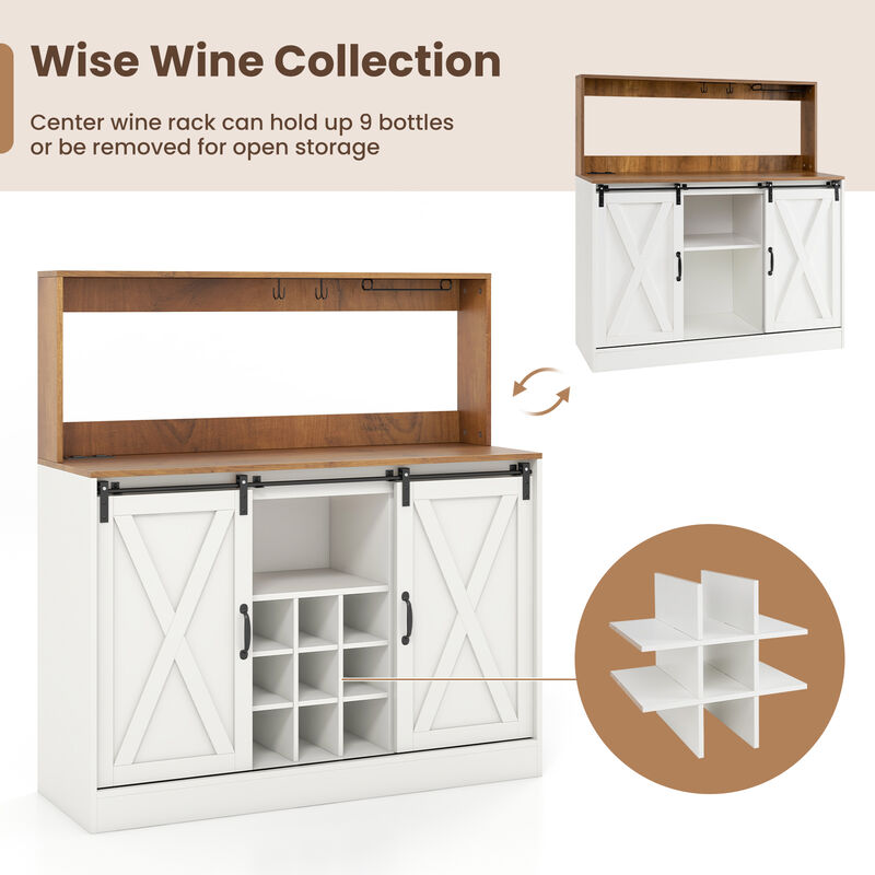 Farmhouse Coffee Bar Cabinet with Charging Station and Sliding Barn Doors