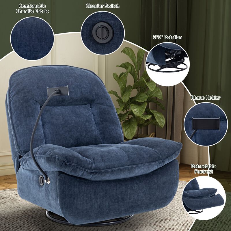 Lake Green Chenille Fabric Swivel Recliner with Mobile Phone Bracket