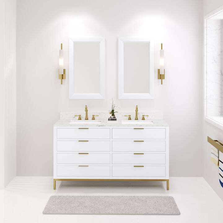 Bristol 60 In. Double Sink Carrara White Marble Countertop Bath Vanity in Pure White