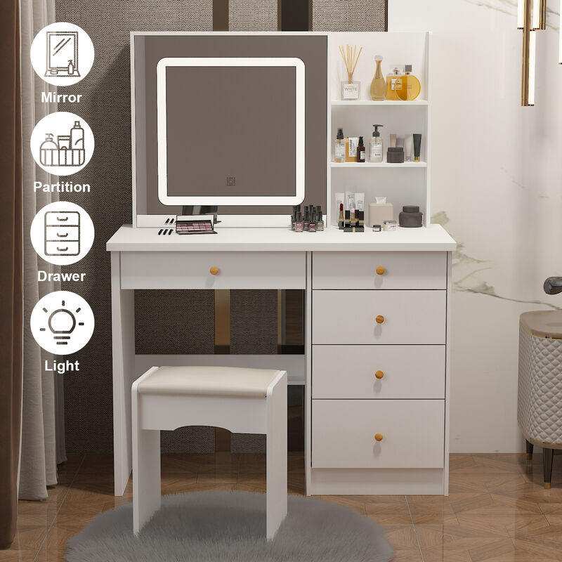 5-Drawers White Makeup Vanity Sets Dressing Table Sets with LED Dimmable Mirror, Stool and 3-Tier Storage Shelves