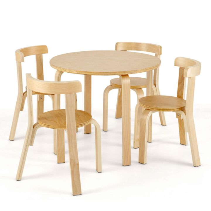 Hivvago 5-Piece Kids Wooden Curved Back Activity Table and Chair Set with Toy Bricks