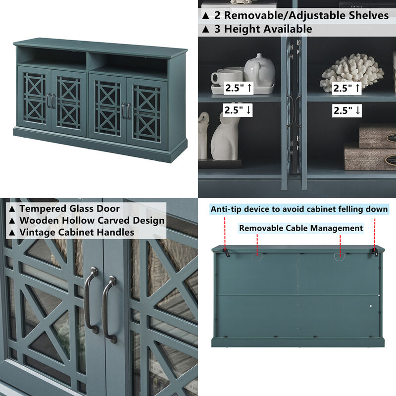 53" Wooden TV Console, Storage Buffet Cabinet, Sideboard with Glass Door and Adjustable Shelves, Console Table for Dining Living Room Cupboard, Dark Teal