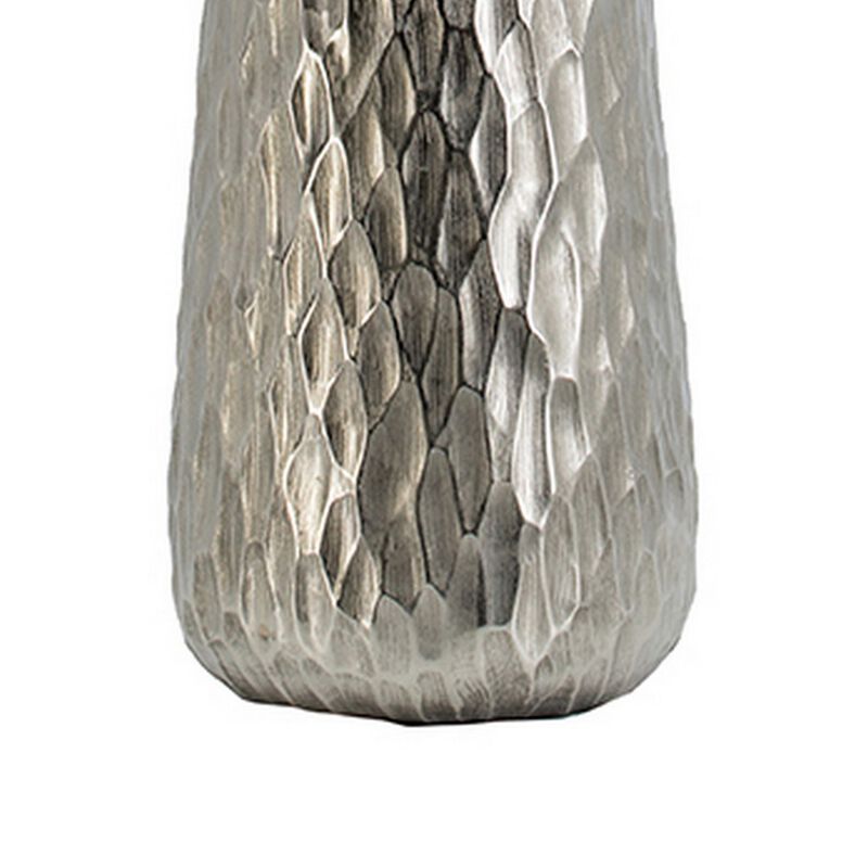 23 Inch Tall Oblong Vase, Diamond Textured, Tapered, Aluminum, Silver - Benzara