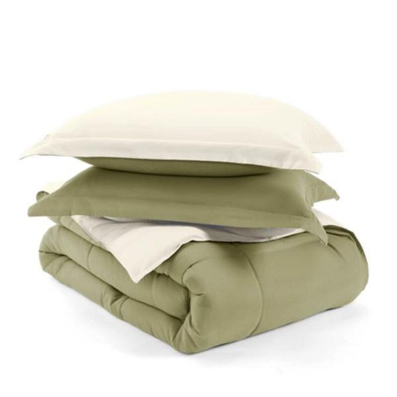 Hivvago King/Cal King 3 Piece Microfiber Reversible Comforter Set in Sage Green/Cream