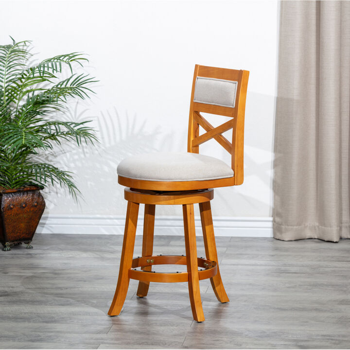 30" Bar Height X-Back Swivel Stool, Natural Finish, Beige Fabric Seat