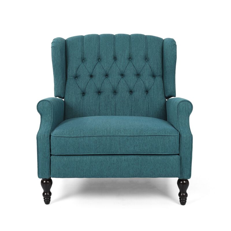 Jade Oversize Wide Chair Manual Recliner, Wingback, Teal Button Tufted - Benzara