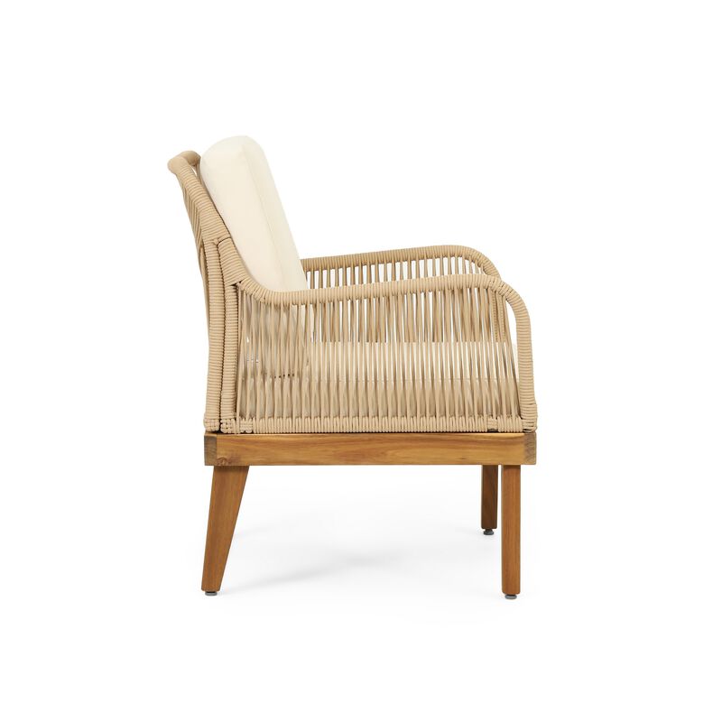 Oud Accent Club Chair, Ivory Cushions, Rope Weaving, Brown Acacia Wood - Benzara