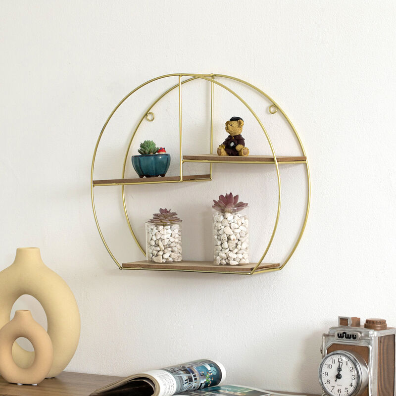 Vintiquewise Elegant 3-Tier Decorative Floating Geometric Arc Wall Shelf - Semi-Circular Metal and Wood Wall-Mounted Shelf for Entryway, Bathroom, Bedroom, and Living Room Decor, Gold Finish