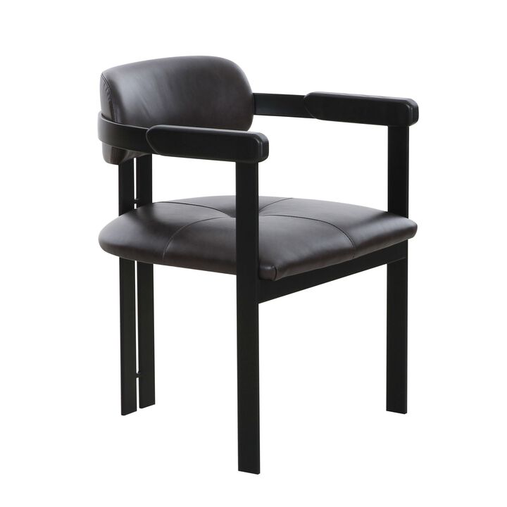 Anta Dining Chair, Black Iron Slats Back, Dark Brown Genuine Leather - Benzara