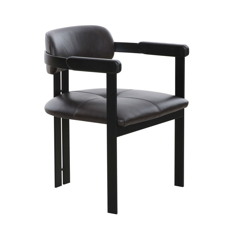Anta Dining Chair, Black Iron Slats Back, Dark Brown Genuine Leather - Benzara