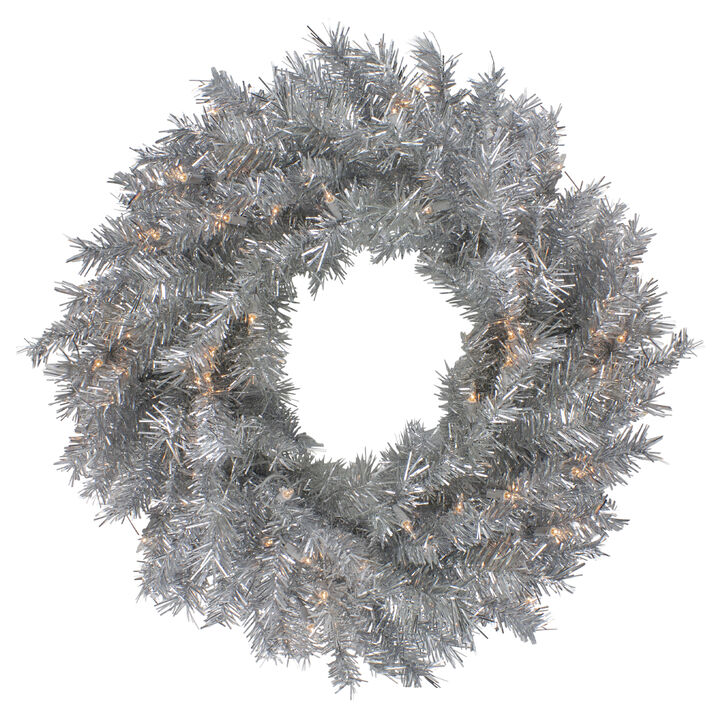 24" Silver Tinsel Artificial Christmas Wreath  Clear Lights