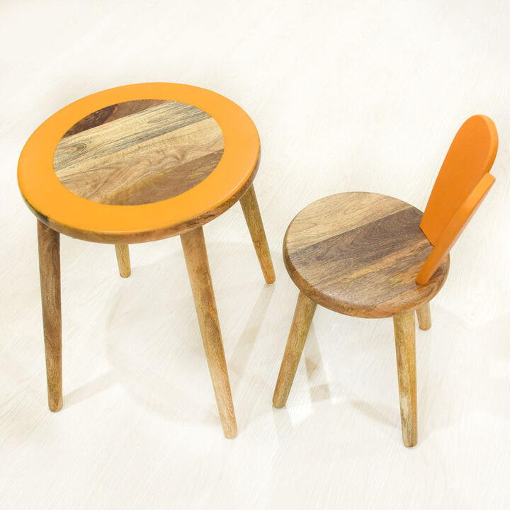 Handmade 100% Mango Wood Kids Orange Color Round Shaped Rabbit Theme Indoor Table & Chair Handmade 100% Mango Wood Kids Orange Color Round Shaped Rabbit Theme Indoor Table & Chair