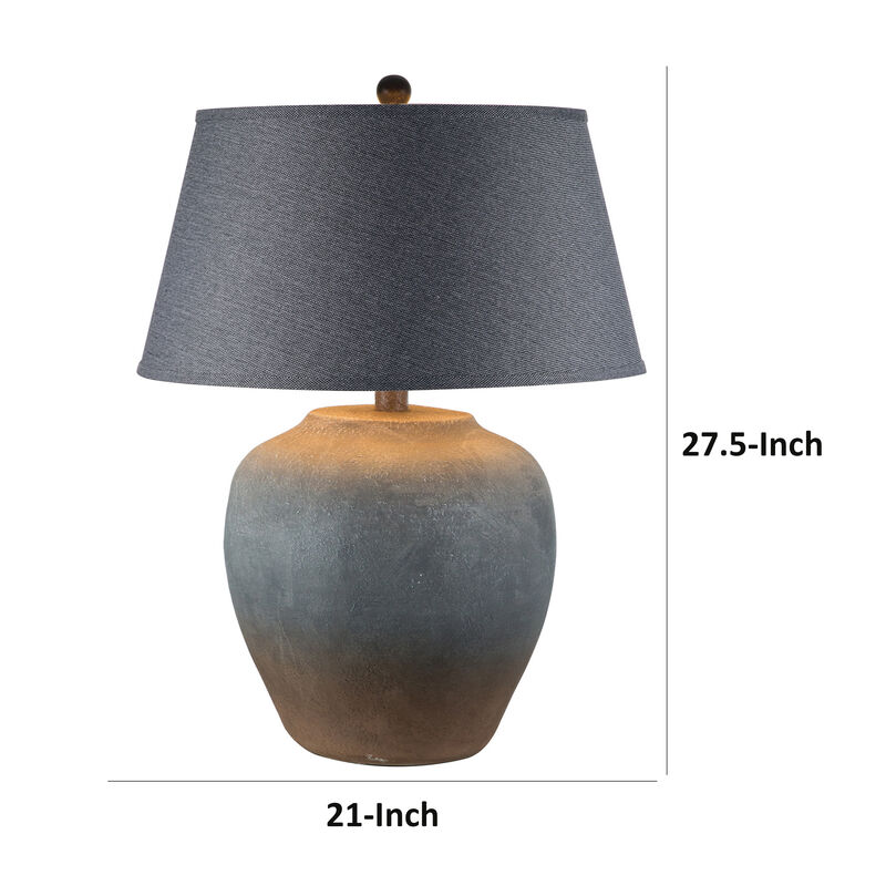 Buen 28 Inch Hydrocal Table Lamp, Black Drum Shade, Urn Base, Gray Rust - Benzara