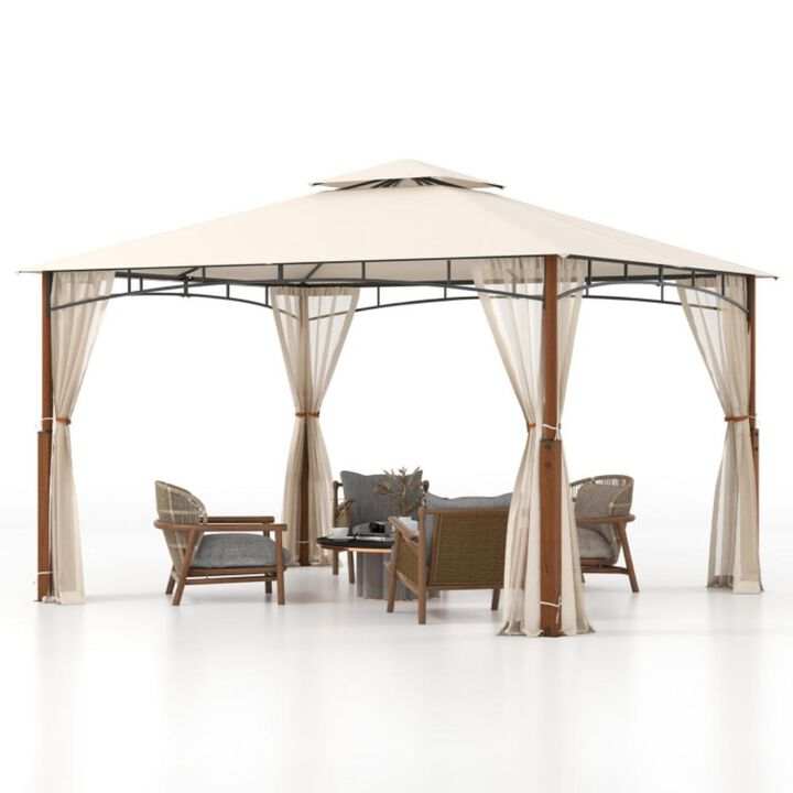 Hivvago 12 x 10 Feet Outdoor Patio Gazebo with Netting and 2-Tier Canopy Roof