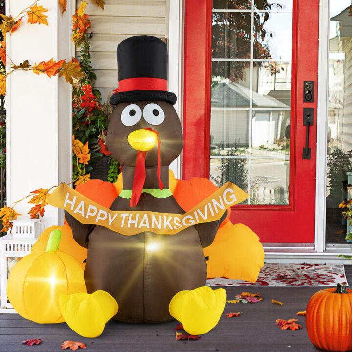 Hivvago 5 FT Inflatable Turkey with Pumpkin and LED Lights for Indoor Party
