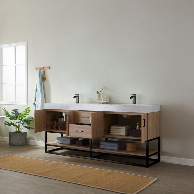 Vinnova Design 72B Double Vanity with White Grain Stone Countertop Without Mirror