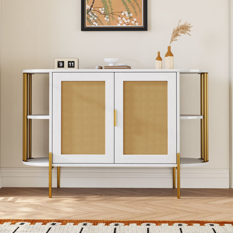 Clihome 2-Door Elegant Curved Dining Cabinet with Gold Trim and Woven Rattan Doors for Dining Room (White)