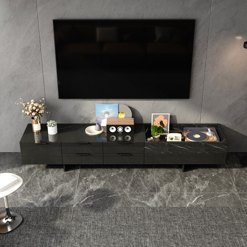FUFU&GAGA Modern High-Gloss Black TV Stand with Marble Texture, 5 Drawers and Open Storage Compartment (78.7" W x 15.7" D x 14" H),Black