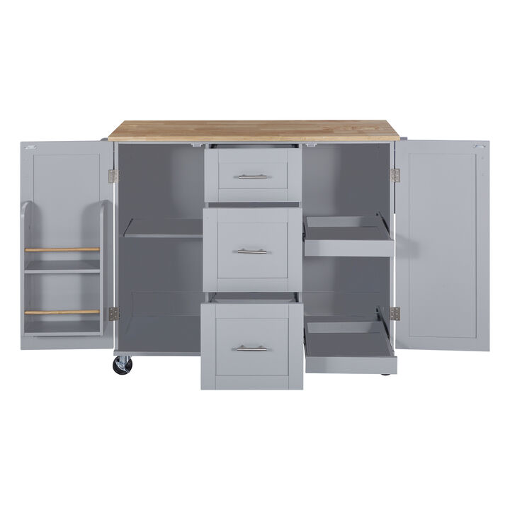 Rolling Kitchen Island with Storage, Kitchen Cart with Rubber Wood Top, 3 Drawer, 2 Slide-Out Shelf and Internal Storage Rack, Kitchen Island on Wheels with Spice Rack & Tower Rack
