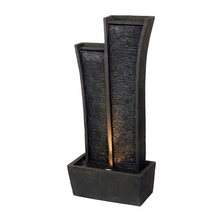 41 Inch Tower Water Fountain, Tall Rectangular Rock, Halogen Light, Gray - Benzara